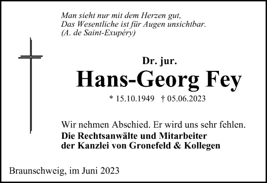 Traueranzeige von Hans-Georg Fey von Braunschweiger Zeitung