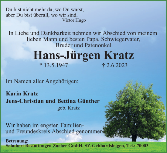 Traueranzeige von Hans-Jürgen Kratz von Braunschweiger Zeitung