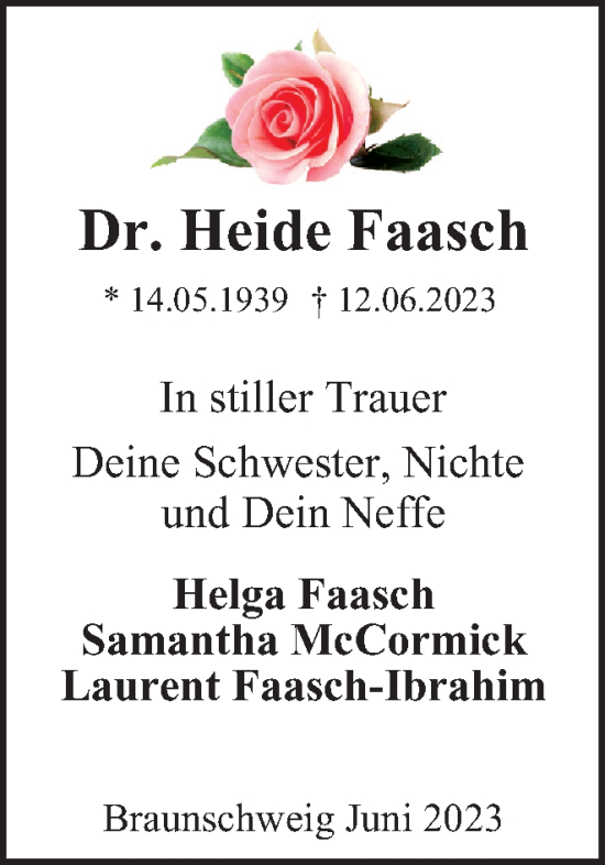Traueranzeige von Heide Faasch von Braunschweiger Zeitung