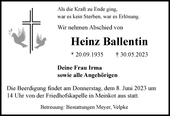 Traueranzeige von Heinz Ballentin von Helmstedter Nachrichten