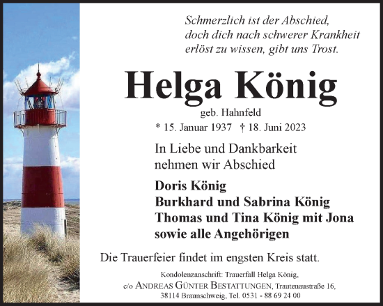 Traueranzeige von Helga König von Braunschweiger Zeitung