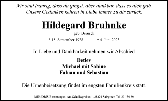 Traueranzeige von Hildegard Bruhnke von Salzgitter-Zeitung