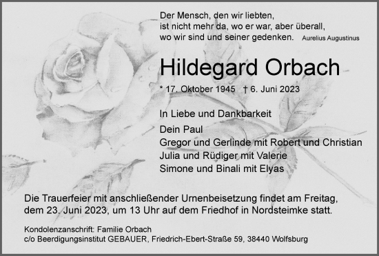 Traueranzeige von Hildegard Orbach von Wolfsburger Nachrichten