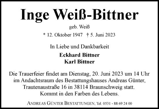 Traueranzeige von Inge Weiß-Bittner von Braunschweiger Zeitung