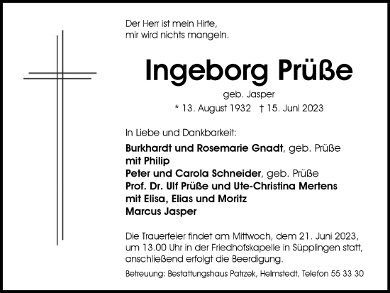 Traueranzeige von Ingeborg Prüße von Helmstedter Nachrichten