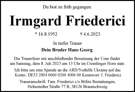 Traueranzeige von Irmgard Friederici von Braunschweiger Zeitung