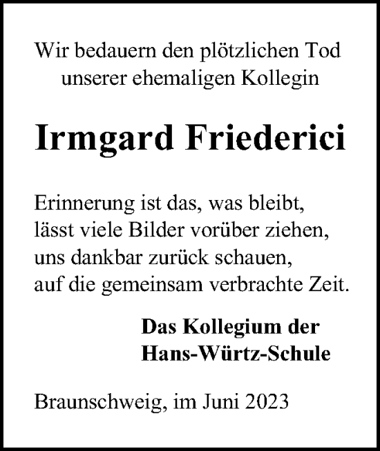 Traueranzeige von Irmgard Friederici von Braunschweiger Zeitung