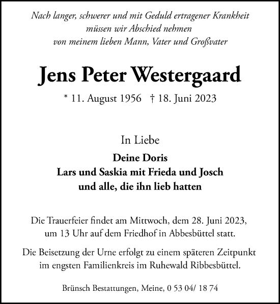 Traueranzeige von Jens Peter Westergaard von Braunschweiger Zeitung