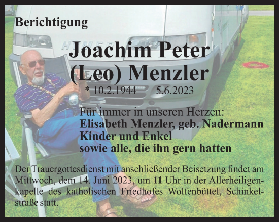 Traueranzeige von Joachim Peter Menzler von Wolfenbütteler Zeitung