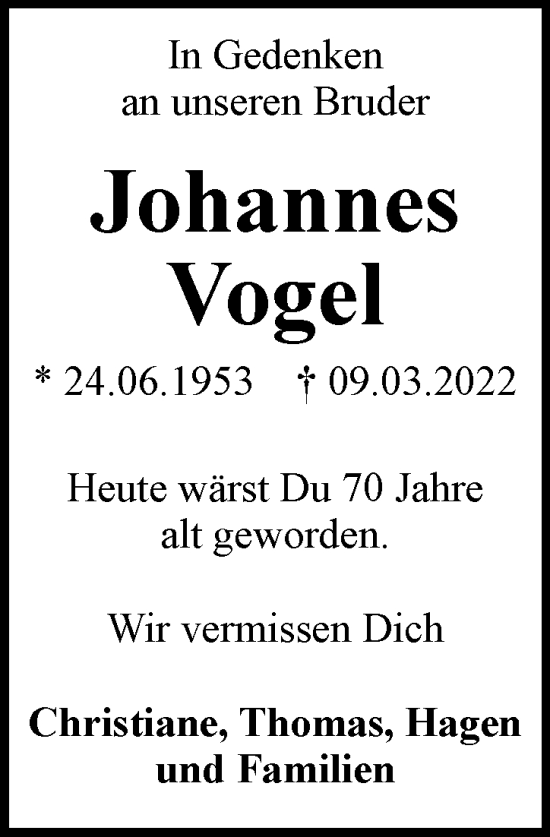 Traueranzeige von Johannes Vogel von Neue Braunschweiger am Samstag