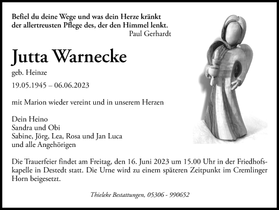 Traueranzeige von Jutta Warnecke von Wolfenbütteler Zeitung