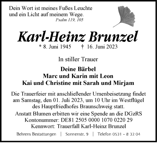 Traueranzeige von Karl-Heinz Brunzel von Braunschweiger Zeitung
