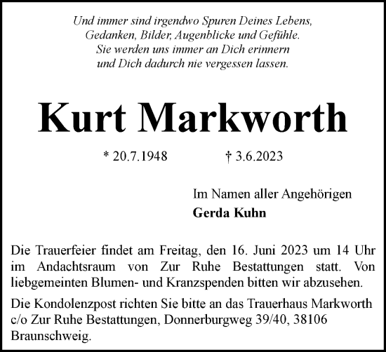 Traueranzeige von Kurt Markworth von Braunschweiger Zeitung