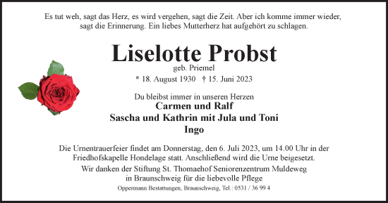 Traueranzeige von Liselotte Probst von Braunschweiger Zeitung