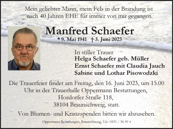Traueranzeige von Manfred Schaefer von Braunschweiger Zeitung