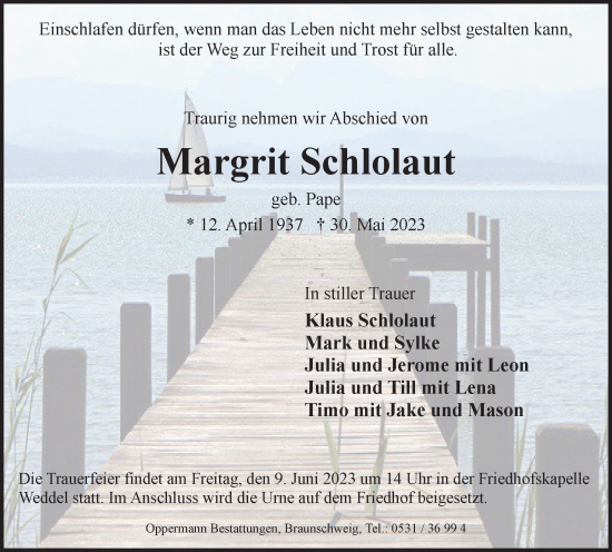 Traueranzeige von Margrit Schlolaut von Braunschweiger Zeitung
