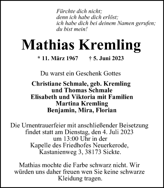 Traueranzeige von Mathias Kremling von Braunschweiger Zeitung
