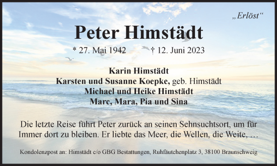 Traueranzeige von Peter Himstädt von Braunschweiger Zeitung, Wolfsburger Nachrichten