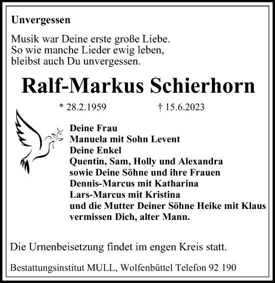 Traueranzeige von Ralf-Markus Schierhorn von Wolfenbütteler Zeitung