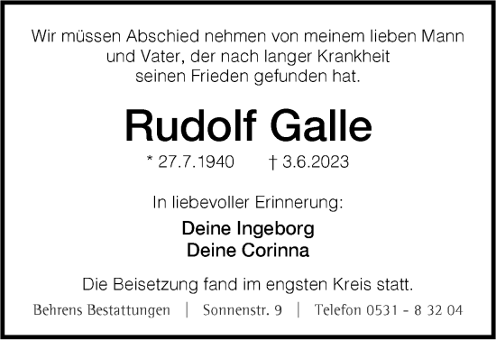 Traueranzeige von Rudolf Galle von Braunschweiger Zeitung