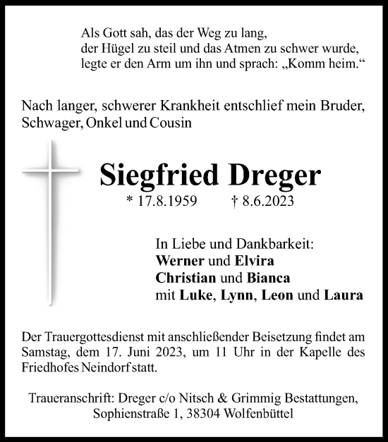 Traueranzeige von Siegfried Dreger von Wolfenbütteler Zeitung