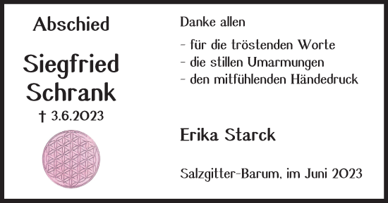 Traueranzeige von Siegfried Schrank von Salzgitter-Zeitung