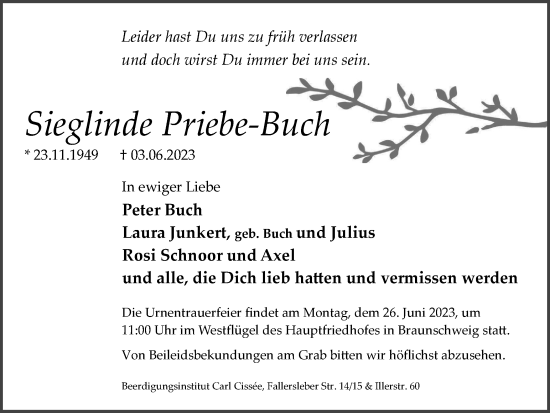 Traueranzeige von Sieglinde Priebe-Buch von Braunschweiger Zeitung