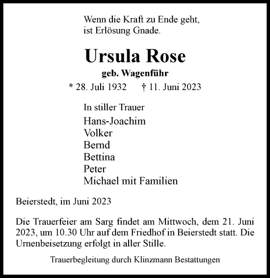 Traueranzeige von Ursula Rose von Helmstedter Nachrichten