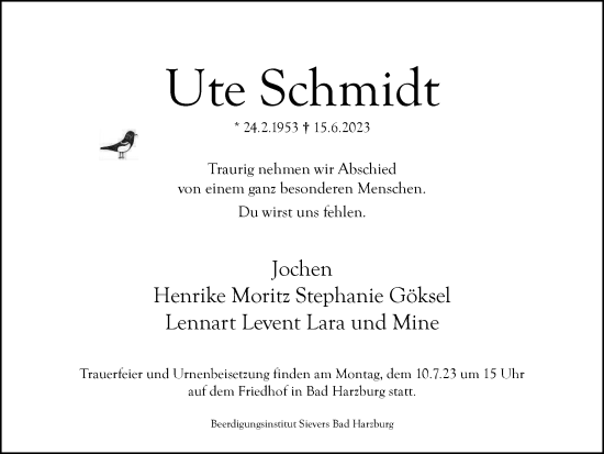 Traueranzeige von Ute Schmidt von Wolfenbütteler Zeitung