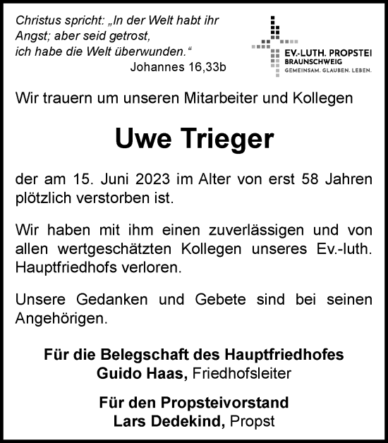 Traueranzeige von Uwe Trieger von Braunschweiger Zeitung
