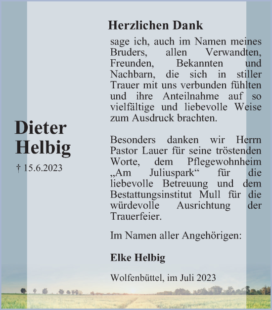 Traueranzeige von Dieter Helbig von Braunschweiger Zeitung