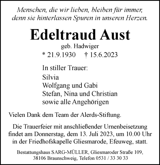 Traueranzeige von Edeltraud Aust von Braunschweiger Zeitung
