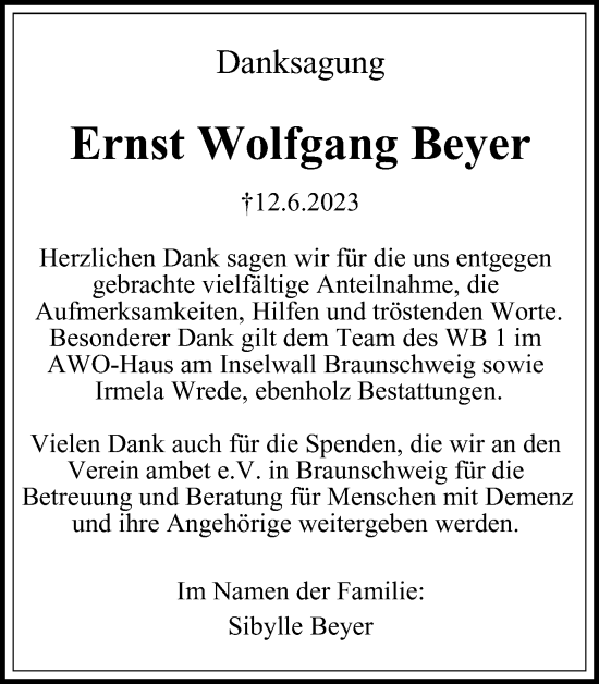 Traueranzeige von Ernst Wolfgang Beyer von Braunschweiger Zeitung