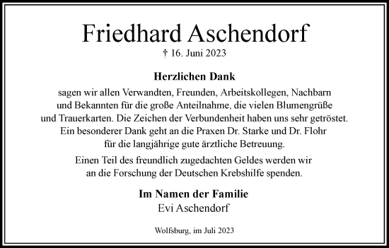 Traueranzeige von Friedhard Aschendorf von Wolfsburger Nachrichten