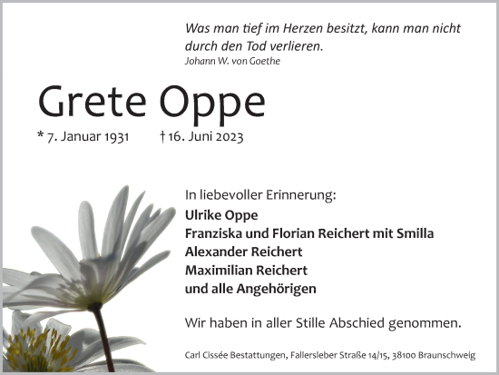 Traueranzeige von Grete Oppe von Braunschweiger Zeitung