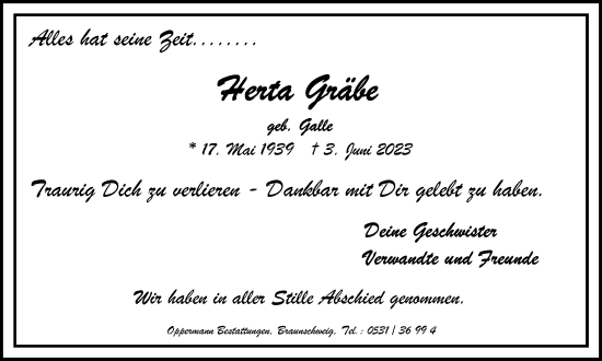Traueranzeige von Herta Gräbe von Braunschweiger Zeitung