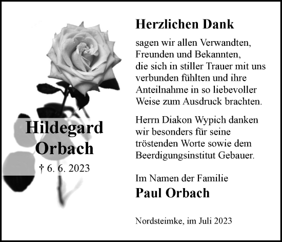 Traueranzeige von Hildegard Orbach von Wolfsburger Nachrichten