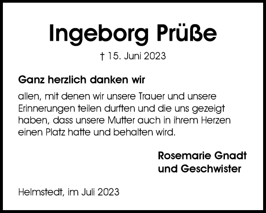 Traueranzeige von Ingeborg Prüße von Helmstedter Nachrichten