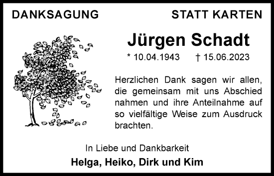 Traueranzeige von Jürgen Schadt von Neue Braunschweiger am Samstag