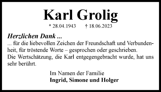 Traueranzeige von Karl Grolig von Wolfenbütteler Zeitung