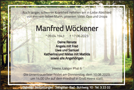 Traueranzeige von Manfred Wöckener von Salzgitter-Zeitung