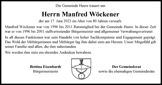 Traueranzeige von Manfred Wöckener von Salzgitter-Zeitung
