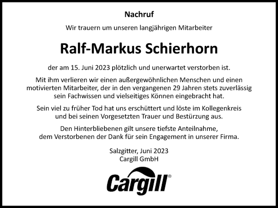 Traueranzeige von Ralf-Markus Schierhorn von Wolfenbütteler Zeitung