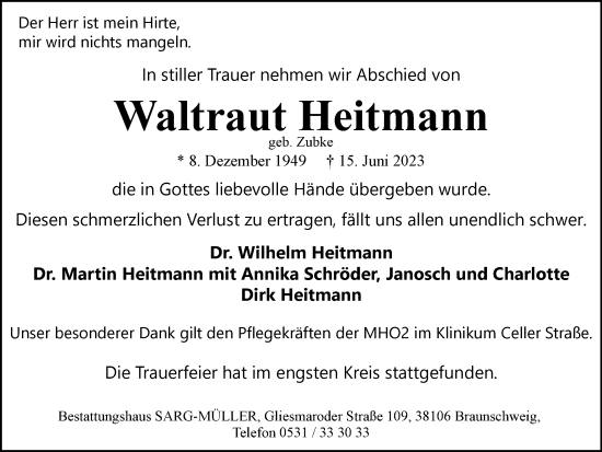 Traueranzeige von Waltraut Heitmann von Braunschweiger Zeitung