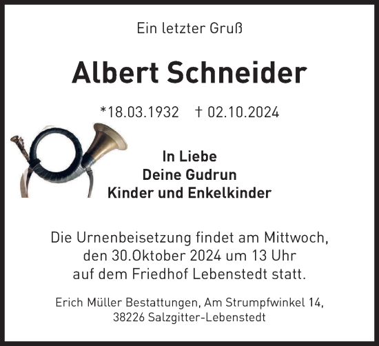 Traueranzeige von Albert Schneider von Salzgitter-Zeitung