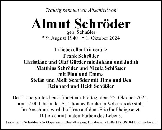 Traueranzeige von Almut Schröder von Braunschweiger Zeitung