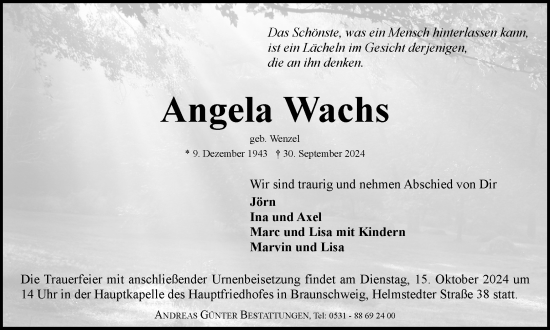 Traueranzeige von Angela Wachs von Braunschweiger Zeitung