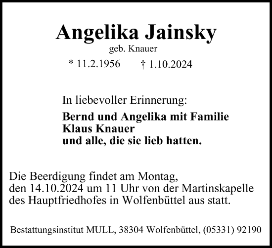 Traueranzeige von Angelika Jainsky von Wolfenbütteler Zeitung