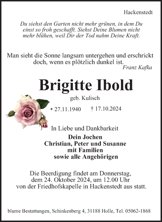 Traueranzeige von Brigitte Ibold von Salzgitter-Zeitung