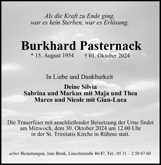 Traueranzeige von Burkhard Pasternack von Braunschweiger Zeitung